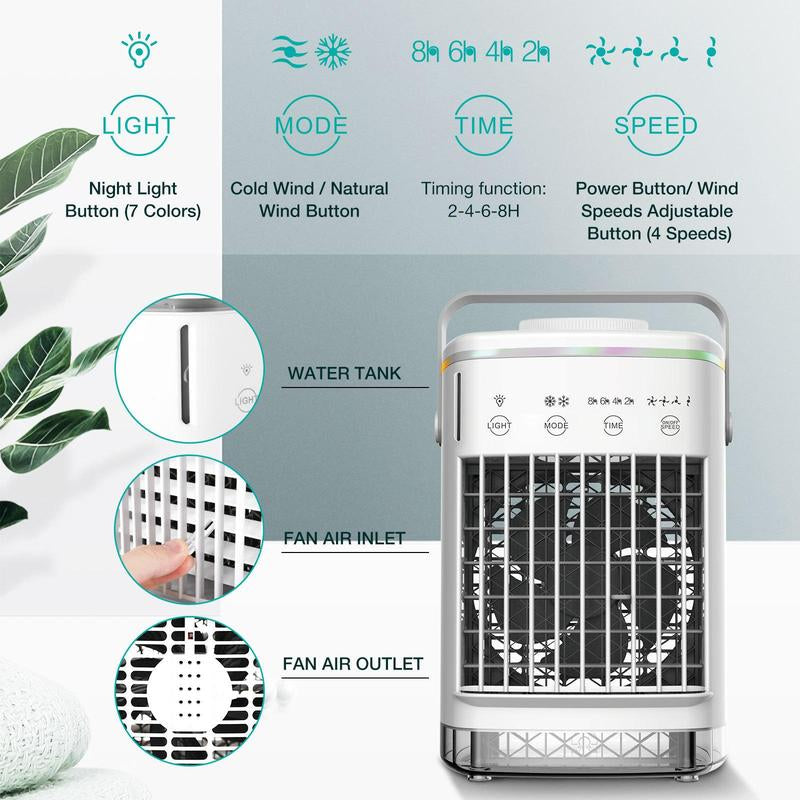 Portable Air Conditioner Fan, USB Powered Personal Cooling Fan with 4 Wind Speeds & 2 Mist Modes & 2-8 Hours Timer & 7 LED Lights, Mini Evaporative Air Cooler for Home Office