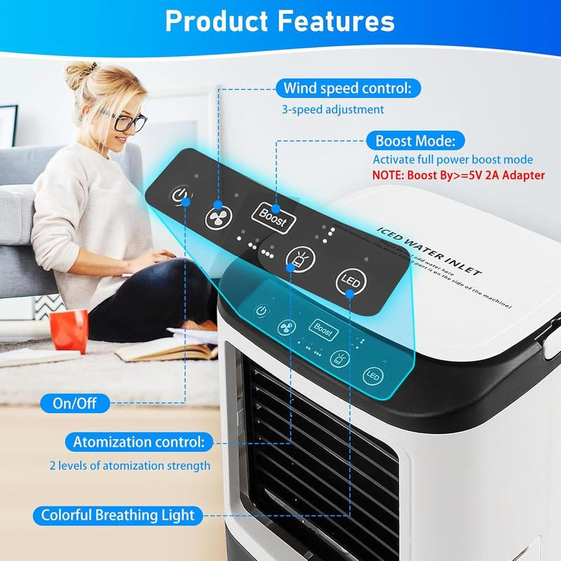 2025 New Electric Portable Air Conditioner Fan, Multi-Function 4 in 1 Mini Personal Air Conditioner, 900ML Large Water Tank, 3 Wind Speeds, 7 Color LED, Silent Noise Reduction Indoor Cooler, Suitable for Pet Cooling, Office, Tent, Bedroom