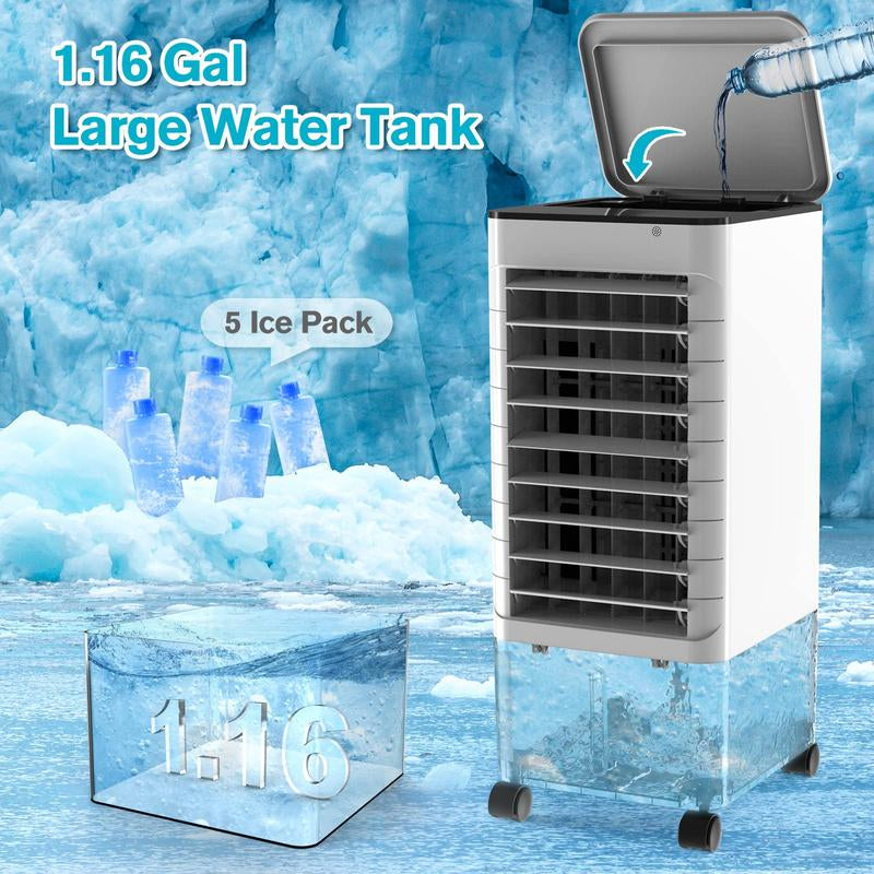 Portable Air Conditioners Fan, 3-IN-1 Evaporative Air Cooler Fans with Remote, 3 Modes 3 Speeds &12H Timer, 1.16Gal Portable AC, 2 Ice Packs & 4 Wheels, 45° Oscillation, Quiet Swamp Cooler for Room Home Office