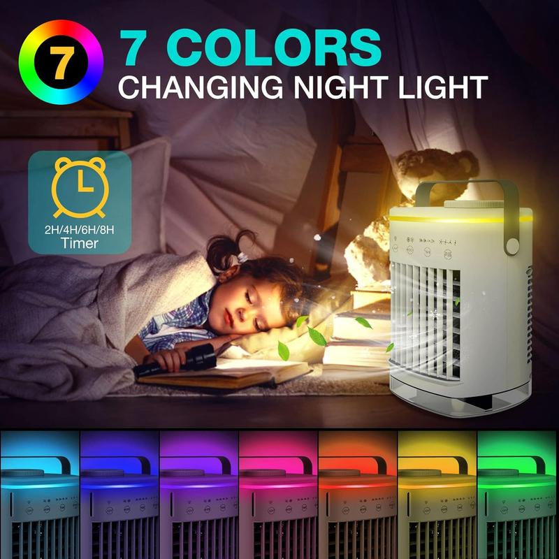 Portable Air Conditioner Fan, USB Powered Personal Cooling Fan with 4 Wind Speeds & 2 Mist Modes & 2-8 Hours Timer & 7 LED Lights, Mini Evaporative Air Cooler for Home Office