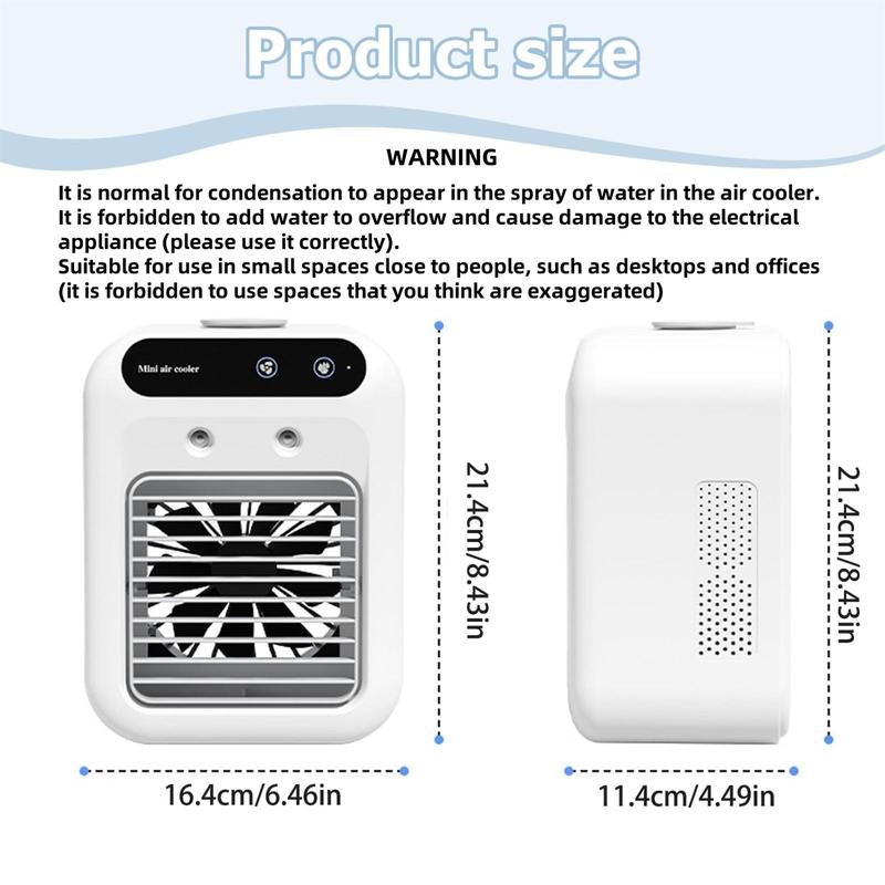 Portable Air Conditioner Fan, Multifunction USB Rechargeable 3-In-1 Air Cooler with Dual Fog Setting & Powerful Wind Speed, Mini Air Conditioner for Room Living Room, Multifunction