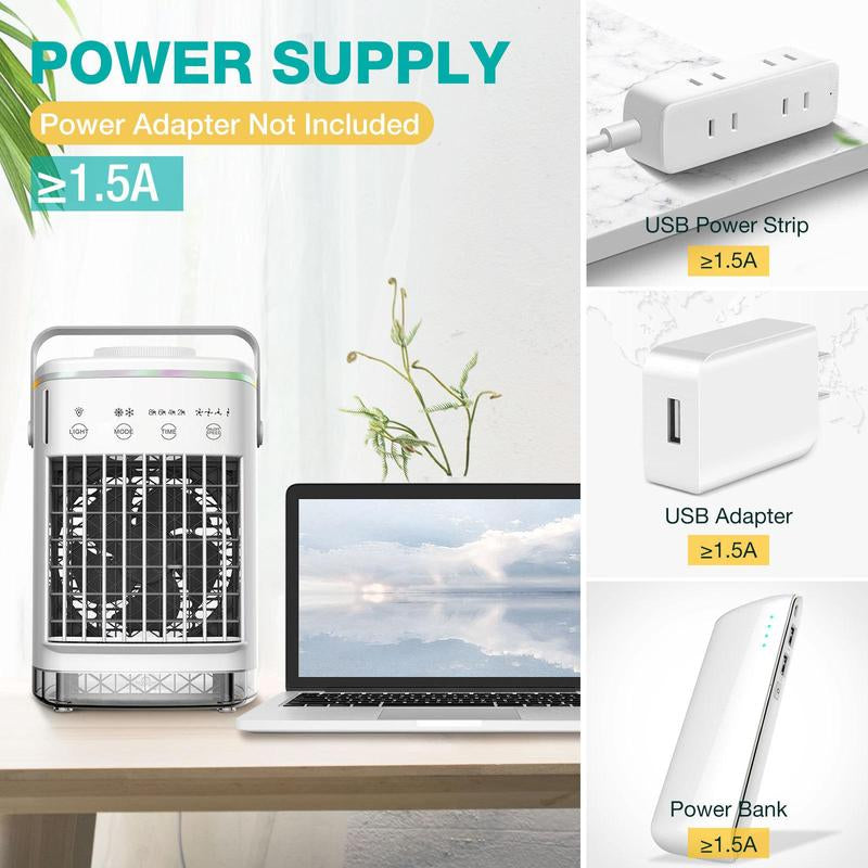 Portable Air Conditioner Fan, USB Powered Personal Cooling Fan with 4 Wind Speeds & 2 Mist Modes & 2-8 Hours Timer & 7 LED Lights, Mini Evaporative Air Cooler for Home Office