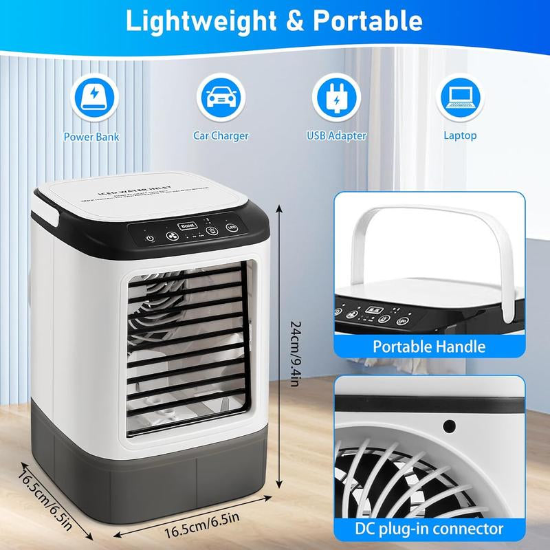 2025 New Electric Portable Air Conditioner Fan, Multi-Function 4 in 1 Mini Personal Air Conditioner, 900ML Large Water Tank, 3 Wind Speeds, 7 Color LED, Silent Noise Reduction Indoor Cooler, Suitable for Pet Cooling, Office, Tent, Bedroom