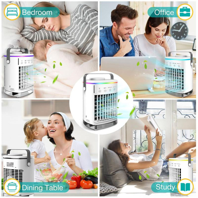 Portable Air Conditioner Fan, USB Powered Personal Cooling Fan with 4 Wind Speeds & 2 Mist Modes & 2-8 Hours Timer & 7 LED Lights, Mini Evaporative Air Cooler for Home Office