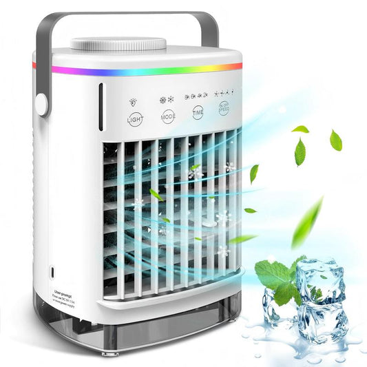 Portable Air Conditioner Fan, USB Powered Personal Cooling Fan with 4 Wind Speeds & 2 Mist Modes & 2-8 Hours Timer & 7 LED Lights, Mini Evaporative Air Cooler for Home Office