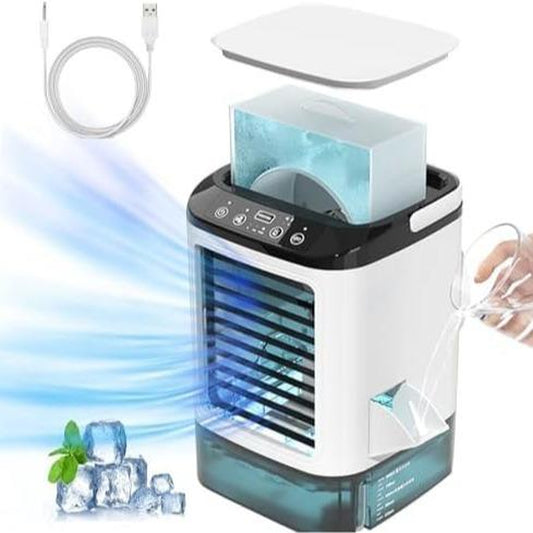 2025 New Electric Portable Air Conditioner Fan, Multi-Function 4 in 1 Mini Personal Air Conditioner, 900ML Large Water Tank, 3 Wind Speeds, 7 Color LED, Silent Noise Reduction Indoor Cooler, Suitable for Pet Cooling, Office, Tent, Bedroom